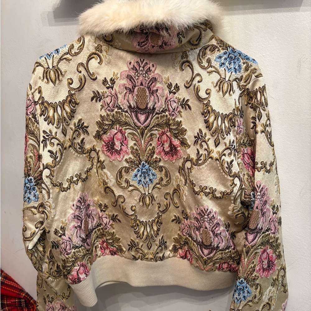 LPA Faux Fur Collar Jacket with Pink Floral Embroidery